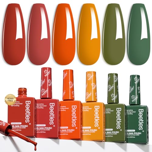 Image of Beetles Hema-Free Gel Polish Set - 6PCS 15ml Full Size Golden Hour Summer Gel Nail Polish Set, Burgundy Orange Dark Red Green Color Matching Bottles Soak Off UV LED DIY Home Salon Gift for Women