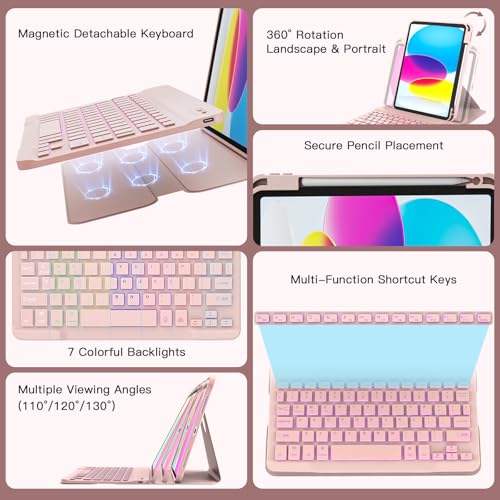Image of RAYMCRAFT for iPad 11th(A16, 2025) /10th Generation Case with Keyboard, 360 Rotatable Case & Detachable Backlit Keyboard, Precision Cutouts and Pen Holder for iPad A16 11'' /10th 10.9'', Light Pink