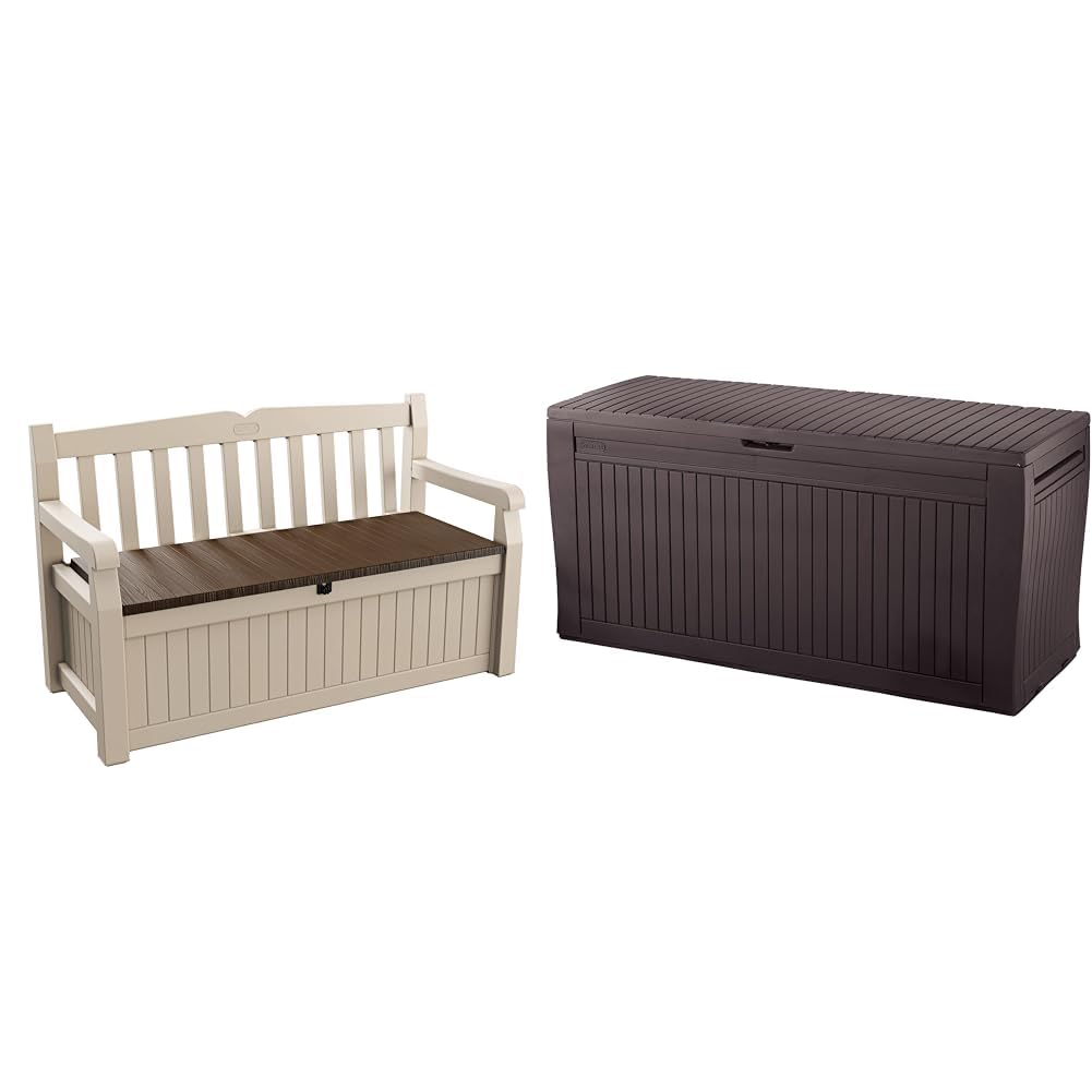 Keter Eden - Banco arcón Exterior, Baúl almacenaje, Capacidad 265L, Resina, Color Beige, 140 x 60 x 84 cm & Comfy - Arcón Exterior, Baúl almacenaje, Capacidad 270L, Resina, Color marrón, Ordenación