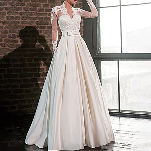 Ryanbem Vestido de Novia para Boda Civil Blanco Largo Cuello en V Manga Larga Cintura Imperio A-Línea Talla Grande Elegante Encaje Apliques Vestidos de Novia con Cola White Plus 52 Cover
