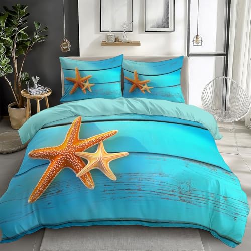 Bedding Sets Blue Wooden Starfish Print Duvet Cover Set, Comforter Cover 3D Duvet Cover Full Size Soft Youth Reversible 3-Piece Quilt Cover for Kids Teens