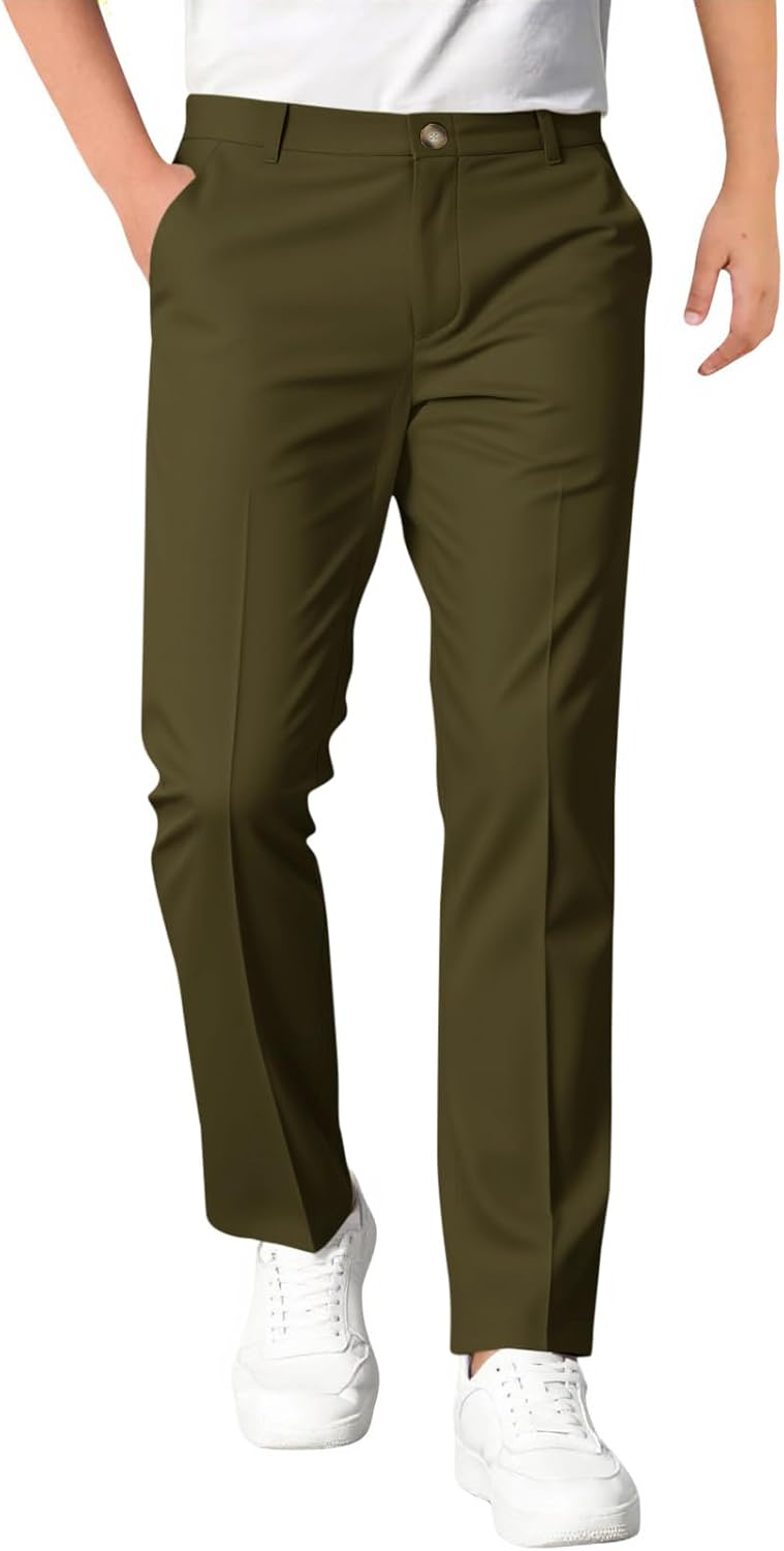 Haloumoning Boys Dress Pants Kids Elastic Waist Straight Leg Uniform Pants Casual Trousers with Pockets