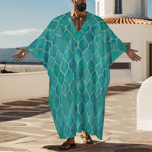 Vintage Moroccan Gold Line Teal Pattern Men's V-neck Robe Middle East Arabian Robe Butterfly Sleeves Kaftan2
