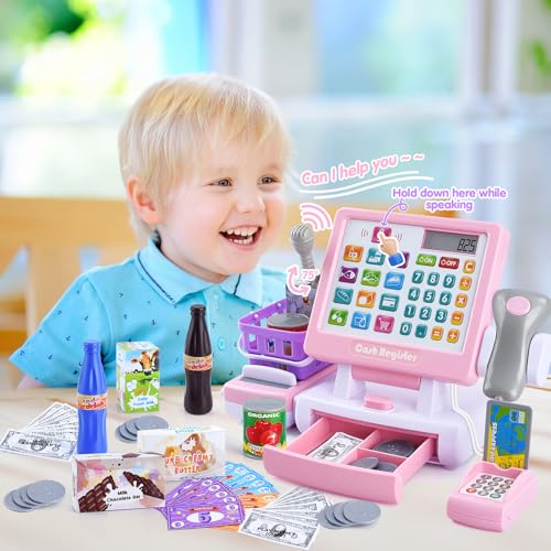 Image of PLAY Kids Cash Register Toy - Pretend Play Calculator Register Toys with Microphone /Conveyors /Play Money /Scanner /Credit Card /Cans /Drink, 3+ Toddler Develops Early Math Skills Learning Toys
