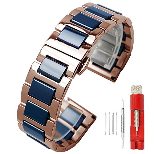最安値 時計ベルト 16mm ツートンカラーのローズゴールドとブルー セラミック ベルト ステンレス 時計バンド バタフライバックル腕時計 替え ベルト メタルの価格比較
