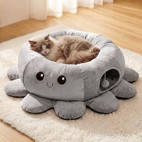 Image of Cat Tunnel Bed for Indoor Cats, Peekaboo Cat Cave Bed with 20 Pcs Cat Toys, Soft Cat Donut Tunnel for Kitten Large Cats, Grey Octopus