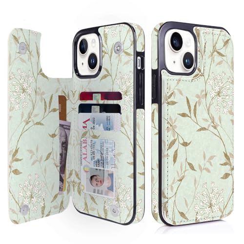 uCOLOR Compatible with iPhone 15/14 Plus 6.7 inch Wallet Case with Card Holder Slot Folio Flip PU Leather Kickstand Double Magnetic Clasp and RFID Blocking Design Cover 6.7'' (Aqua Floral Leaves)