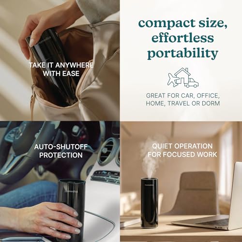 Image of Homedics Portable Humidifier - Small Ultrasonic Cool Mist Humidifier for Bedroom, Desk & Travel, Mini Personal Humidifier, 7.7 oz Tank, Auto Shutoff, Night Light, Rechargeable (Gloss Black)