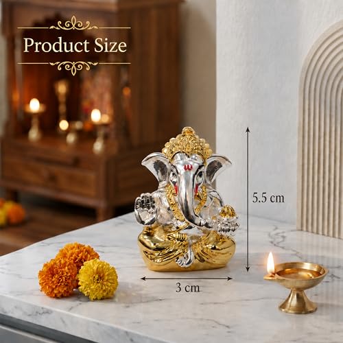 Image of Rousrie 24k Gold and 999 Pure Silver Plated Ganesha Idol, 2.5 Inch, Attracts Prosperity, Luxury Gift Box Included, for Wedding and Housewarming