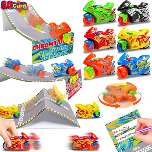 AMENON [3D Race Card] 24 Pack Easter Basket Stuffers for Teens, Easter Party Favor 3-In-1 Motorbike Toys Inertia Toy Friction Powered Cars & Cards for Kid Classroom Exchange Prizes Goodie Bag Filler