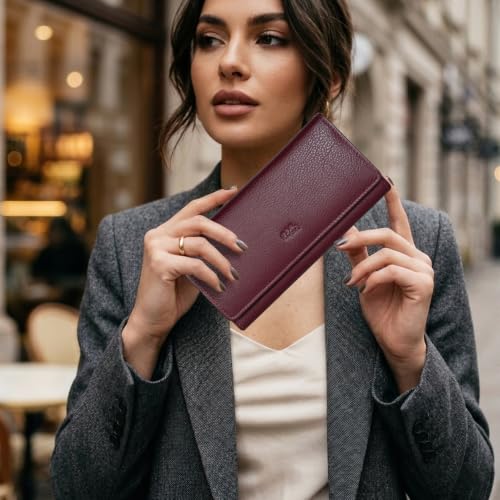 Image of Women's Top Grain Leather Wallet, RFID Blocking Bifold clutch, 17 Card Slots, Zip Pocket Organizer, Elegant Gift for Women - Birthday, Valentine, Anniversary - WINE RED