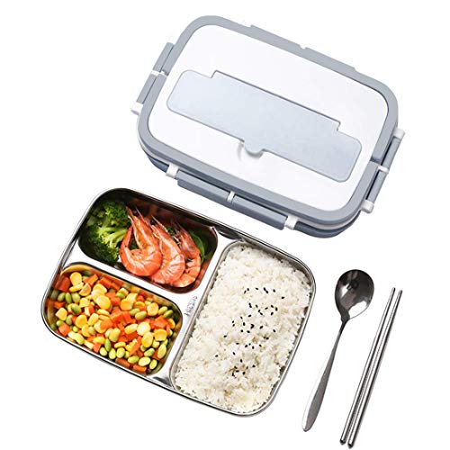 Bento Box 3 Compartment Stainless Steel Lunch Containers for Kids and Adults Leak Proof BPA-Free Lunch Box with Scoop&Fork&Chopsticks(Gray-Blue)