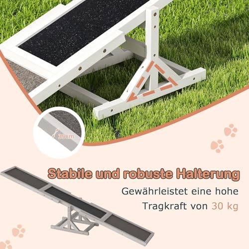 COSTWAY Hundewippe Holz, Hunde Agility Wippe, Outdoor Hundesport für Balance-Training, für kleine & große Hunde bis 60 kg, wetterfestes Spielset, 179 x 30 x 55 cm (Weiß)
