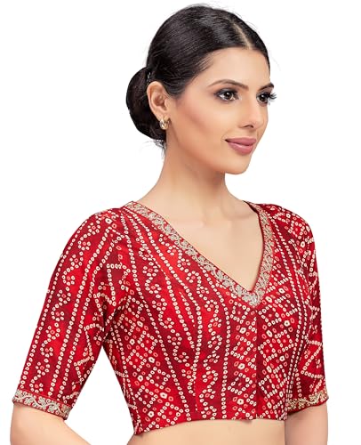 Image of Studio Shringaar Women's Cotton Bandhni Printed & Embroidered Saree Blouse With Elbow Length Sleeves