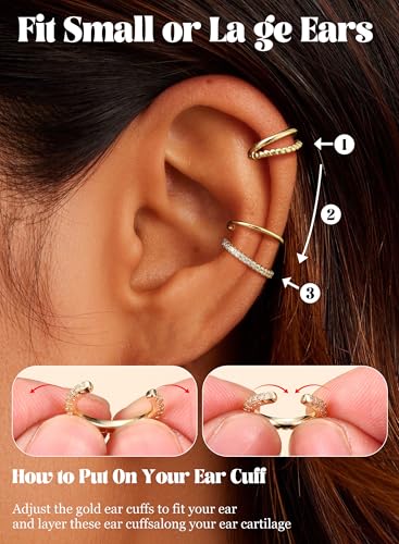 Fansilver 3Pcs Ear Cuff Earrings for Women Non Piercing14K Gold Plated Ear Cuffs Clip on Cartilage Earrings Adjustable Fake Earrings Lightweight3