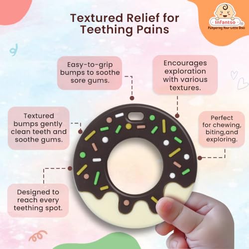 Image of Infantso Soft Silicone Teether for Baby Teething, Donut Teether Toy for 0-12 Months, BPA Free Silicone Soothing Baby Teether | BPA Free, Food Grade Soft & Safe Gum Relief Toy