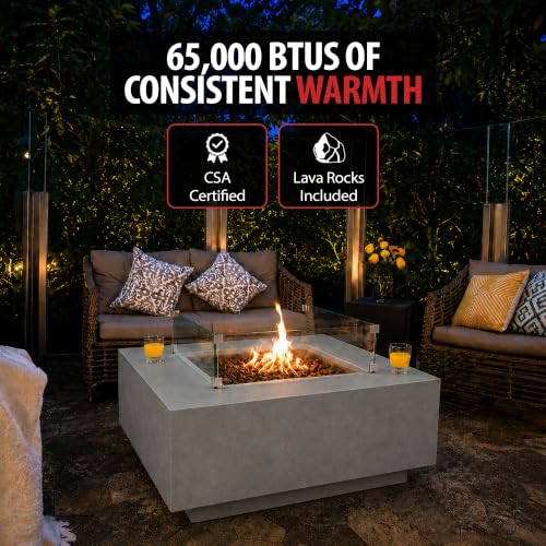 Image of AMS Creations | Brooklyn 40 inch Bundle Square Propane Gas Outdoor Fire Pit Table | Light Gray Concrete GFRC | Limestone Texture Surface Fire Pit Table
