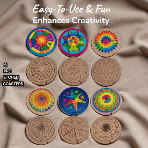Image of BAGJI TOYS DIY Coaster Painting Kit for Kids & Adults - 6 Pre-Marked Wooden Tea Coasters with Stand, 12 Acrylic Colours & Brush - Mandala Art & Craft DIY Set - Beginner Friendly Painting Craft Kit, Birthday & Gift Activity (MandalaA4)