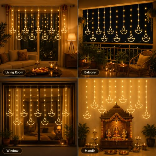 Image of Desidiya Diya Curtain LED Lights | 10 Drops Warm White Fairy Lights | 111 bright SMD LEDs with elegant diya curtain design for festive decoration.