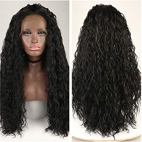 13x2.25inch Curly Synthetic Lace Front Wigs With Baby Hair 24 Inch Loose Curly Black Lace Wigs Heat Resistant Fibers Water Wave Wigs Half Hand Tied Long Black Curly Wigs
