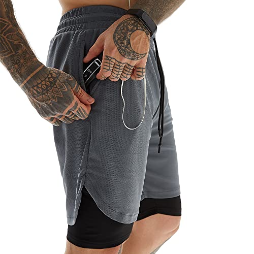 Diqqid Running Shorts For Men Workout Gym 2 In 1 Quick Dry 7 Inch Mens Compression Yoga Athletic Sports Shorts With Phone Pockets Grey L #TOP1