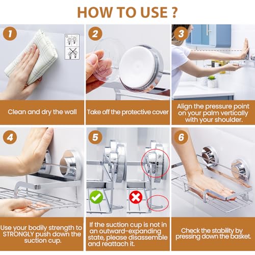 Image of LEVERLOC Shower Caddy Suction Cup 2 Pack, Shower Shelf for Inside, Large Capacity Bathroom Organizers and Storage, Rustproof & Waterproof Metal Bath Basket, No-Drilling, Heavy Duty, Silver
