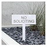 No Soliciting Metal Yard Sign for House, Modern Steel No Soliciting Sign, Outdoor No Soliciting Yard Sign for Front Yard or Planter, 4.5” x 11” with 12” Stake, White