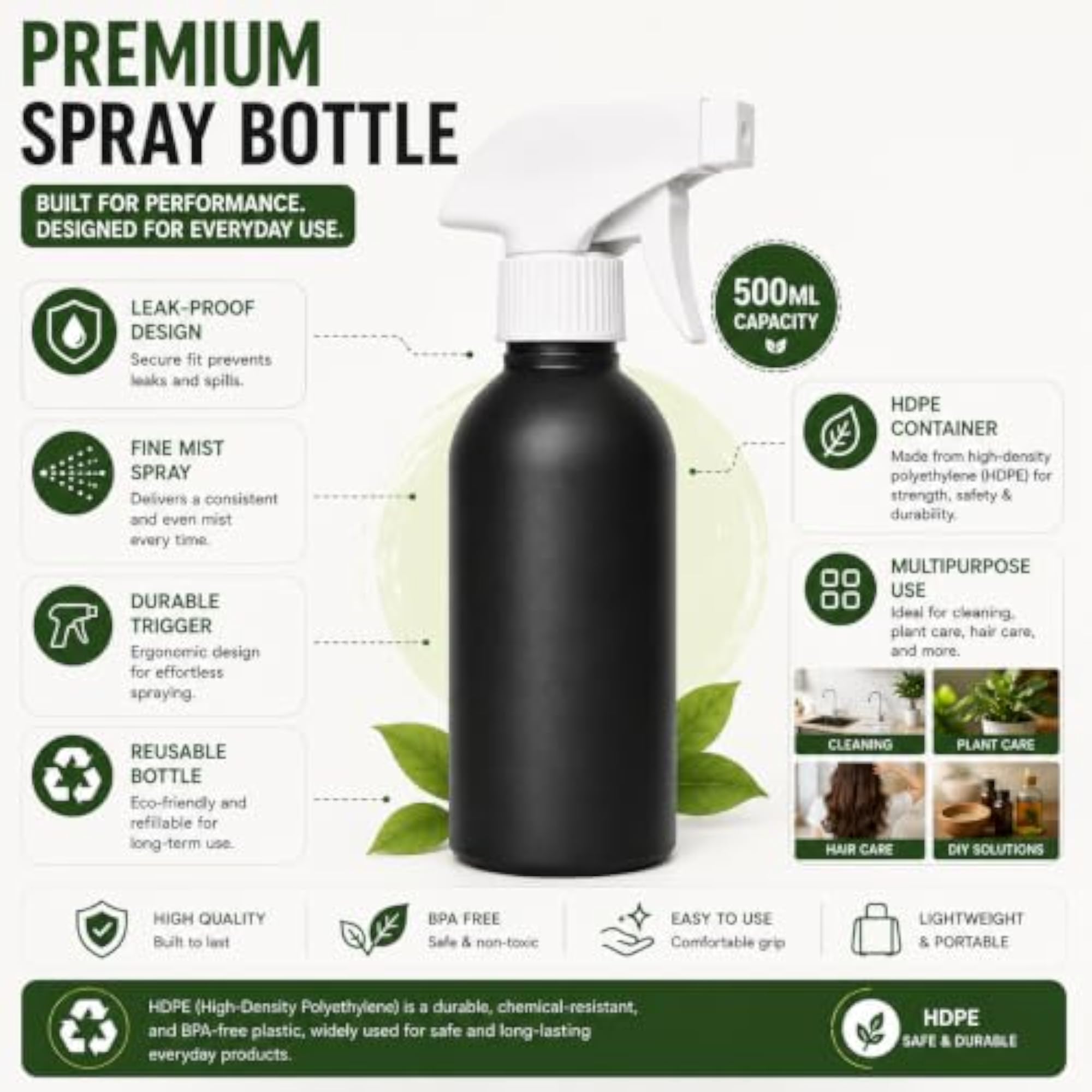 Multipurpose 500ML Fine Mist Spray Bottle, Adjustable Nozzle