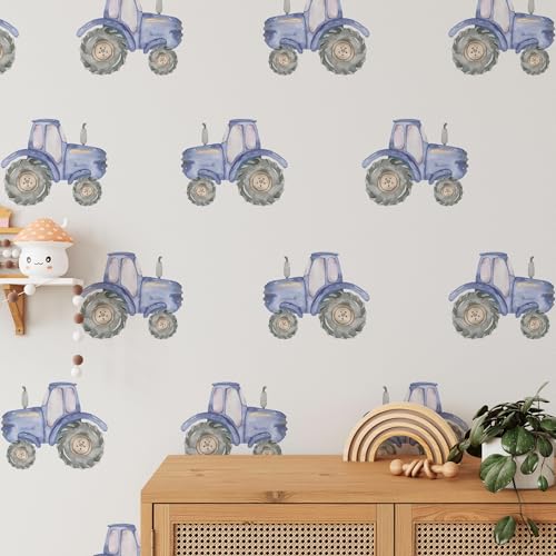 Tractor Wall Decals for Kids Room, Watercolor Blue Farm Tractors