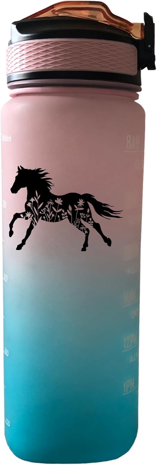 Floral Horse 32 oz Water Bottle with Times Marker to Drink and Straw, Carrying Strap, Leakproof BPA-Free, Ensure You Drink Enough Water for Fitness, Gym, Camping, Outdoor Sports