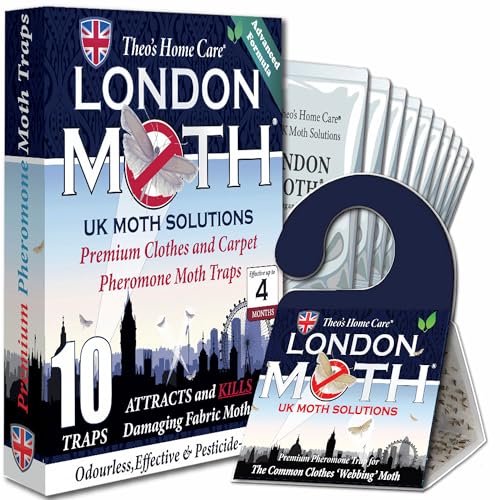 LONDON MOTH KILLER 10 (TEN) Premium Sticky Pheromone Moth Traps for the Common Clothes Moth and Similar Variants for Wardrobes Clothes and Carpets. inc. eBook (London Moth)