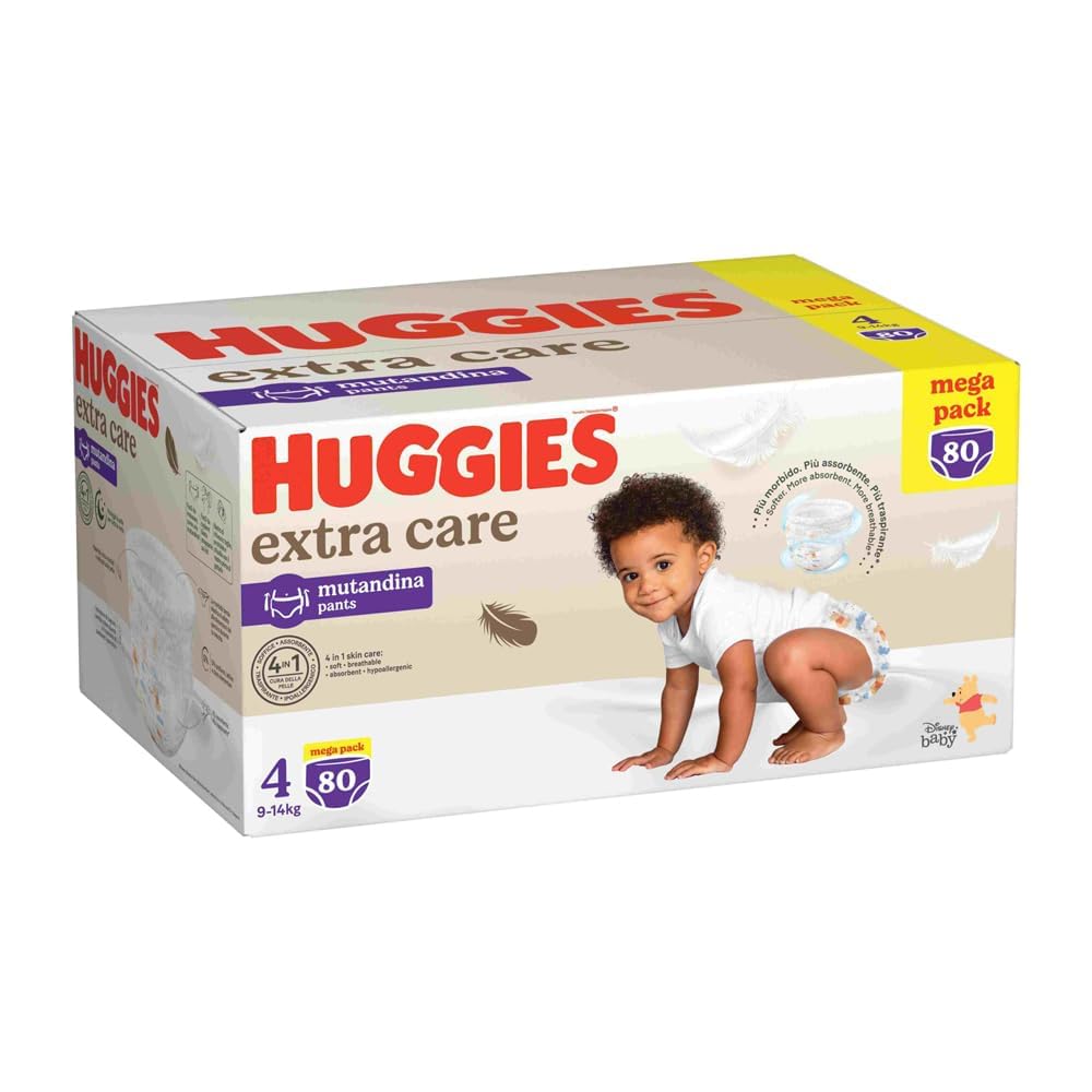 Huggies Extra Care - Pañales talla 4 (9-14 kg), braguitas transpirables, paquete Mega, 80 unidades
