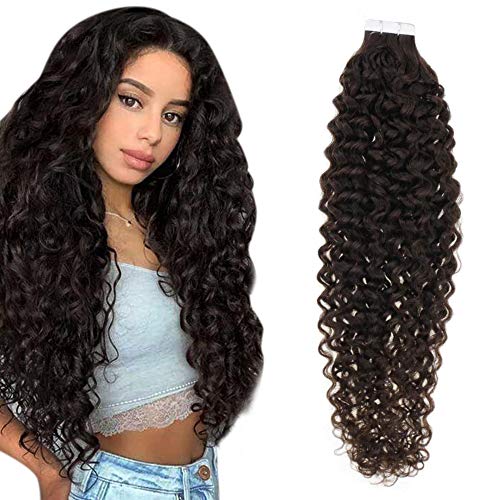 LaaVoo 12inch Tape in Hair Extensions Curly Seamless Skin Weft Tape in Curly Hair Darkest Brown Brazilian Tape on Hair Extensions Invisible Remy Tape on Brown Hair Extensions Double Side 20Pcs 50g