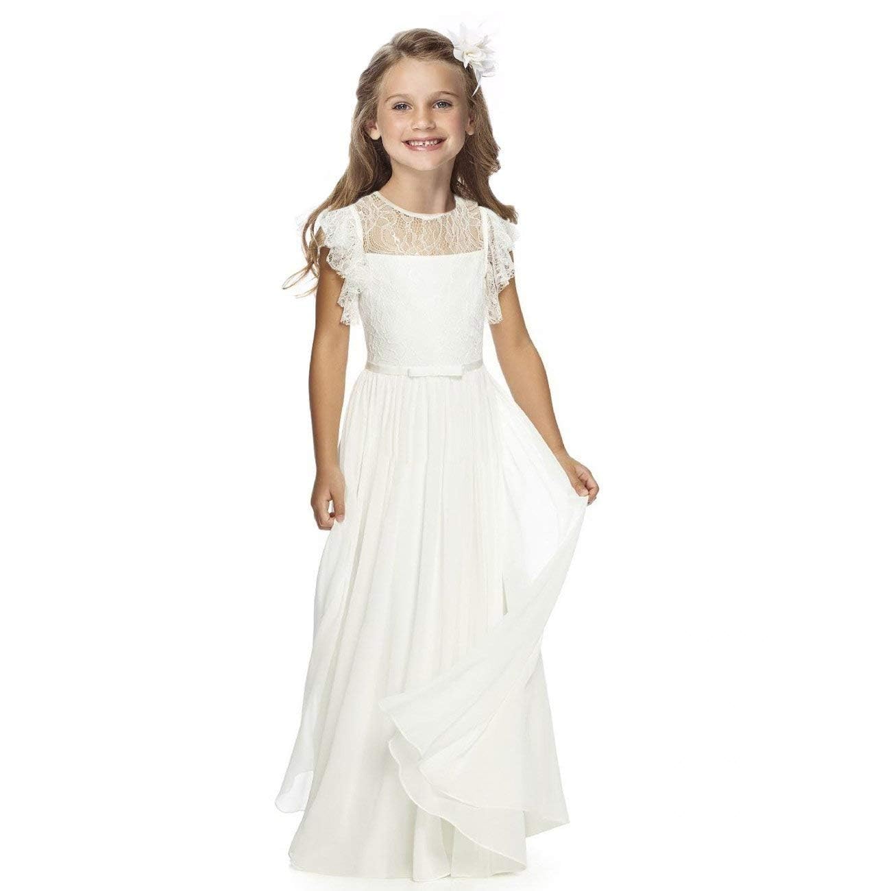 ABAO SISTER Boho Long Lace Chiffon Flutter Sleeves Dress A-Line Communion Bridesmaid Flower Girl Dresses for Girls 2-12 Years
