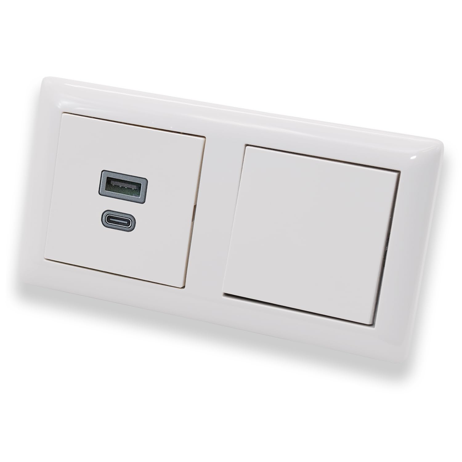 EBROM USB-C und USB-A Unterputz Steckdose/Lader, 45+15 Watt Leistung – Schnellladefunktion für Wearables, Smartphones Tablets + Gira Wippschalter 010600 in System 55 reinweiß glänzend