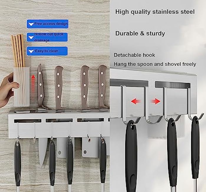 Knife Holder, Stainless Steel Knives Holder with 8 Hooks, No Punching kitchen Wall Mounted Multifunctional Chopsticks & Knife Holder for Storing Chopsticks, Knives & Rags in Home/Hotel