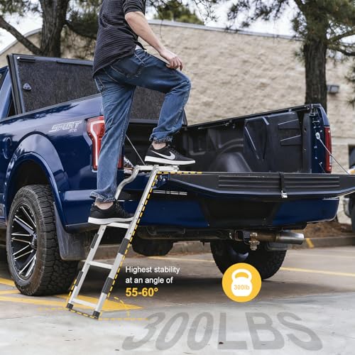 Image of Tailgate Ladder for Pickup Trucks Bed Universal Fit - Rust-Proof Stainless Steel Truck Step Adjustable to 42 inch, Non-Slip Aluminium Steps & Replaceable Rubber Feet, Driving Safety Straps & Bump Pads