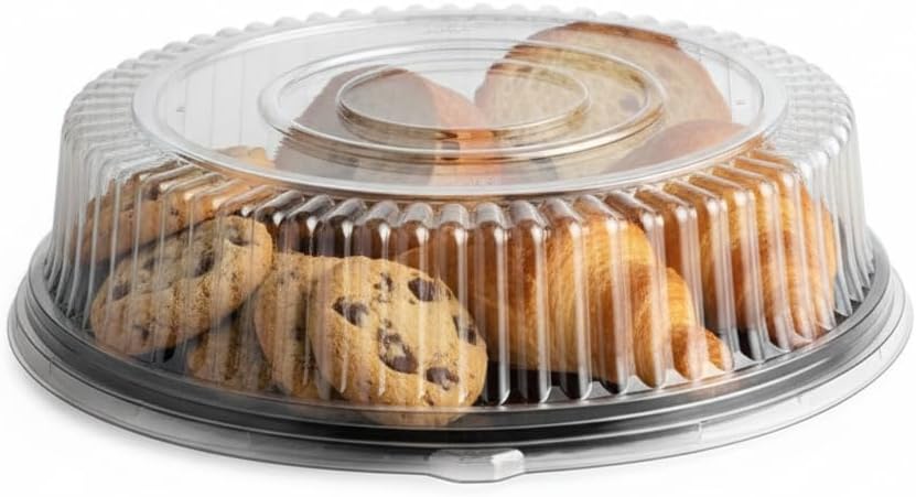 16-Inch Round Black Plastic Catering Tray with High Dome Lid, PET Material, Stackable, BPA Free, Single Compartment, 10 Pack