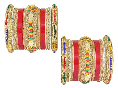 Image of NMII Traditional Gold Plated Acrylic Bangles Bridal Chuda Set For Women & Girls with Zircon Diamond & Pearls Beads Work | Royal Wedding Chudas | Premium Look | Bangles For Wedding, Festive, Function