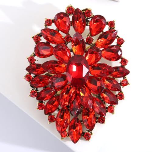 Image of Rhinestone Crystal Oval Brooch Premium Large Flower Brooch Blue /Red /Green /Gold /Silver /Purple Crystal Geometric Broochs Sparkling Lapel Pin Elegant Wedding Bridesmaid Dress Broachs Pin for Women