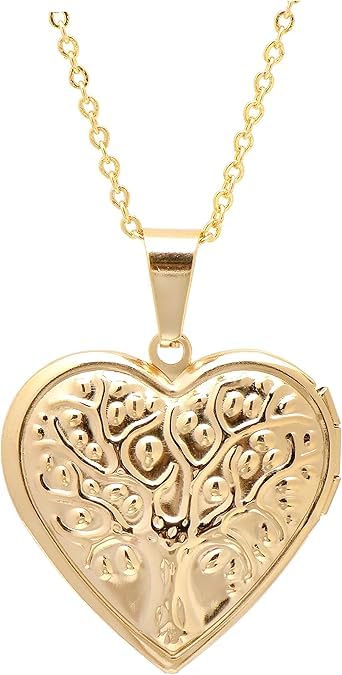 Tree of Life Heart Shaped Stainless Steel Locket Pendant Necklace for Women, 18K Gold Plated