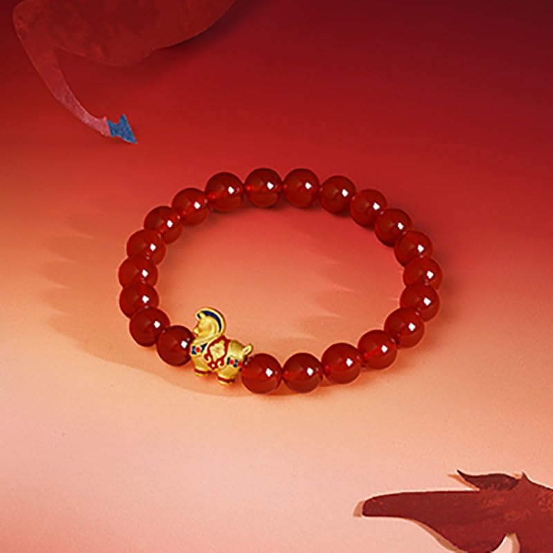 Miniatura 6 de Pulseras elásticas de oro macizo de 24 quilates, con cuentas de ágata roja del zodiaco con caballo, joyería exquisita para mujeres, cumpleaños