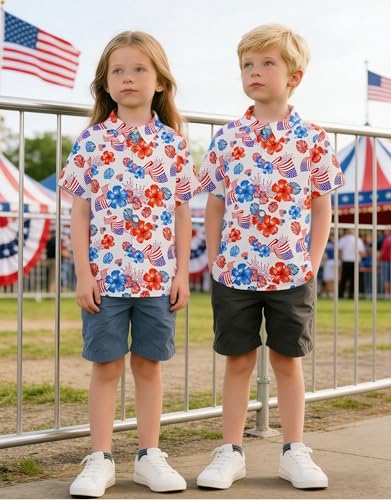 Image of 4th of July Shirts for Girls Boys American Patriotic Tshirt Kids Hawaiian Button Down Tops
