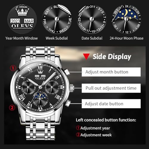 Image of OLEVS Mens Automatic Watch Mechanical Self Winding Luxury Business Dress Moon Phase Stainless Steel Calendar Wrist Watches for Men Waterproof Luminous