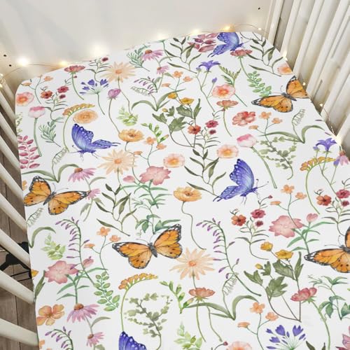Image of Vintage Wildflowers Butterflies Baby Crib Sheets for Boy Girl 52"x28" Colorful Spring Blossoms Soft Snug Fitted Crib Mattress Cover Wild Plant Baby Sheet for Standard Crib and Toddler Bed Mattress