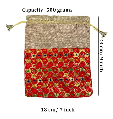 Image of KRIWIN Pack of 20 pcs Big Size Brocade & Jute Potli Gift Bags (23 X 18 cm) Red & Beigeb 500 gr capacity