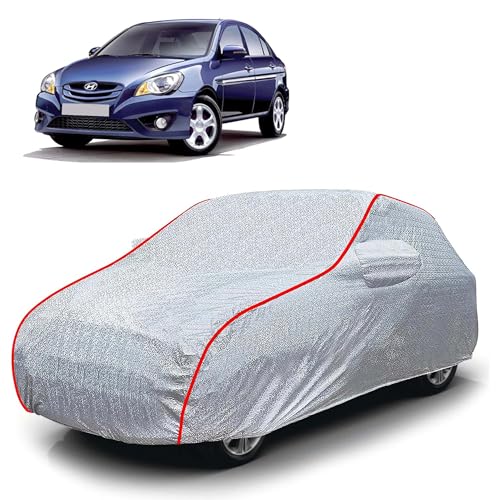 Image of Sulfar 100% Waterproof Car Body Cover Compatible with Mirror for Hyundai Verna Transform (Triple Stitched, Full Bottom Elastic, Magic Silver with Red Piping)