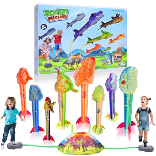 Dinosaur Rocket Launcher for Kids - Launch Up to 100 Ft, 8 Rockets and 2 Pads for Multi-Player, Dinosaur Toys, Birthday Gift Ideas, Toys for 3 4 5 6 7 Year Old Boys, Outdoor Outside Toys