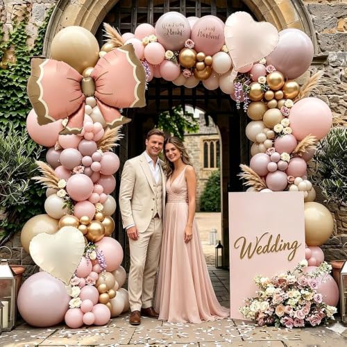 Image of Dusty Pink Beige Balloon Arch Kit Double Stuffed Blush Cream Gold Latex Balloons Pink Brown Neutral Tan Balloon Garland Perfect for Boho Baby Shower Birthday Wedding Bridal Anniversary Party Occasions
