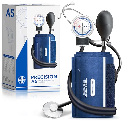 AIESI® Esfigmomanometro Manual Profesional Aneroide Tensiómetro clasico con brazalete de nylon adultos y estetoscopio PRECISION A5, Garantía 24 meses